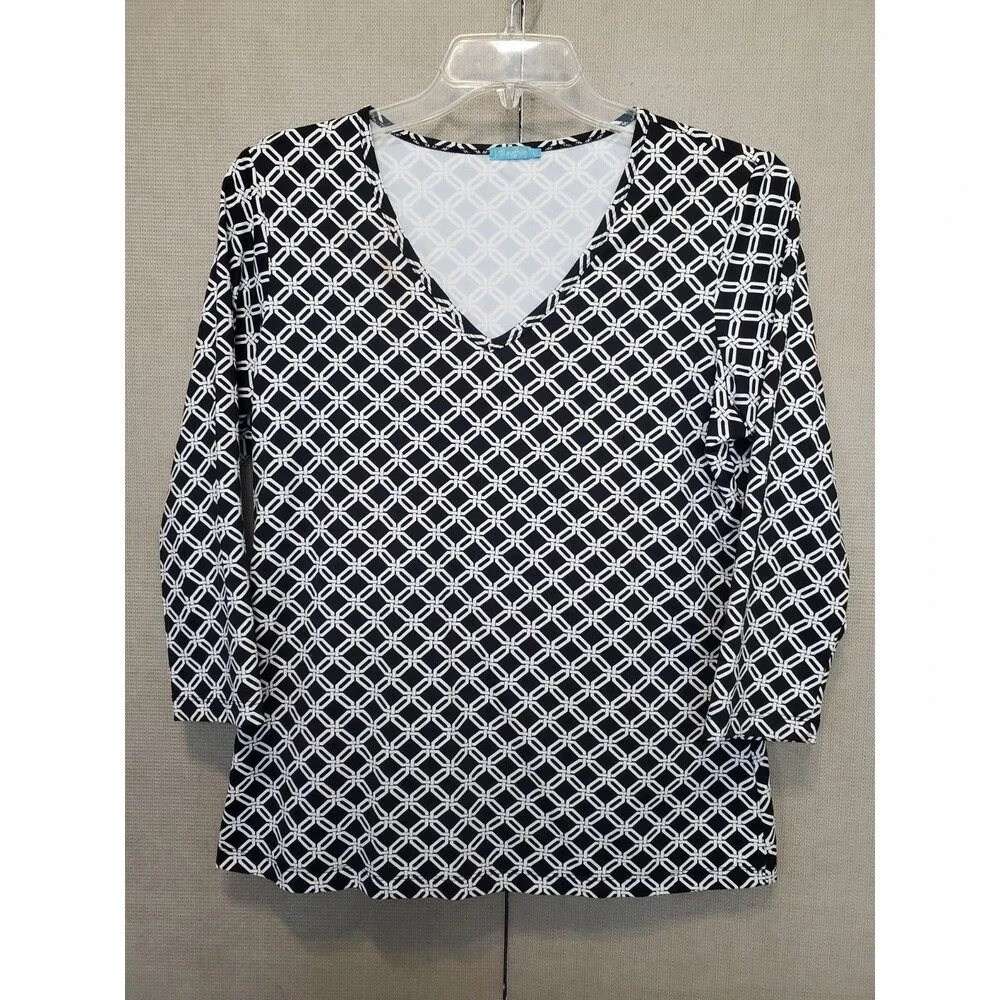 J McLaughlin Catalina Cloth Black Geo Print V-Neck 3/4 Sleeve Top Size Large